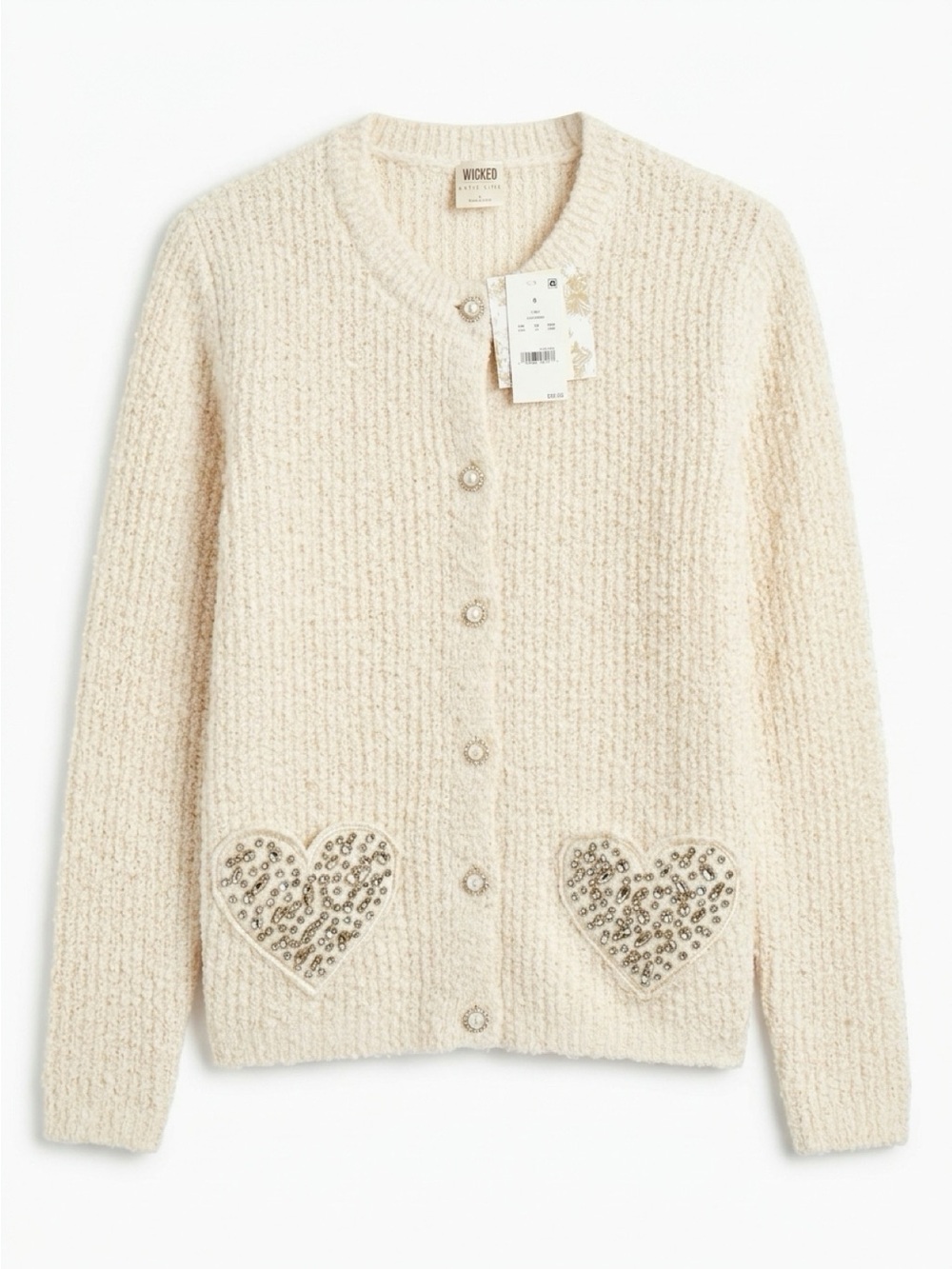 Wicked Heart Appliqué Cream Knit Cardigan